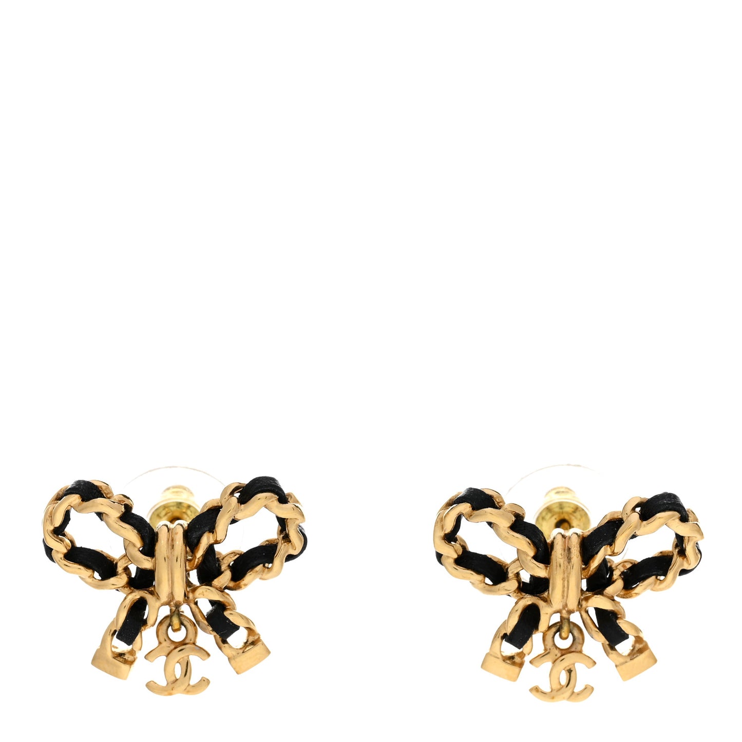 Lambskin Chain Bow Stud Earrings Black Gold