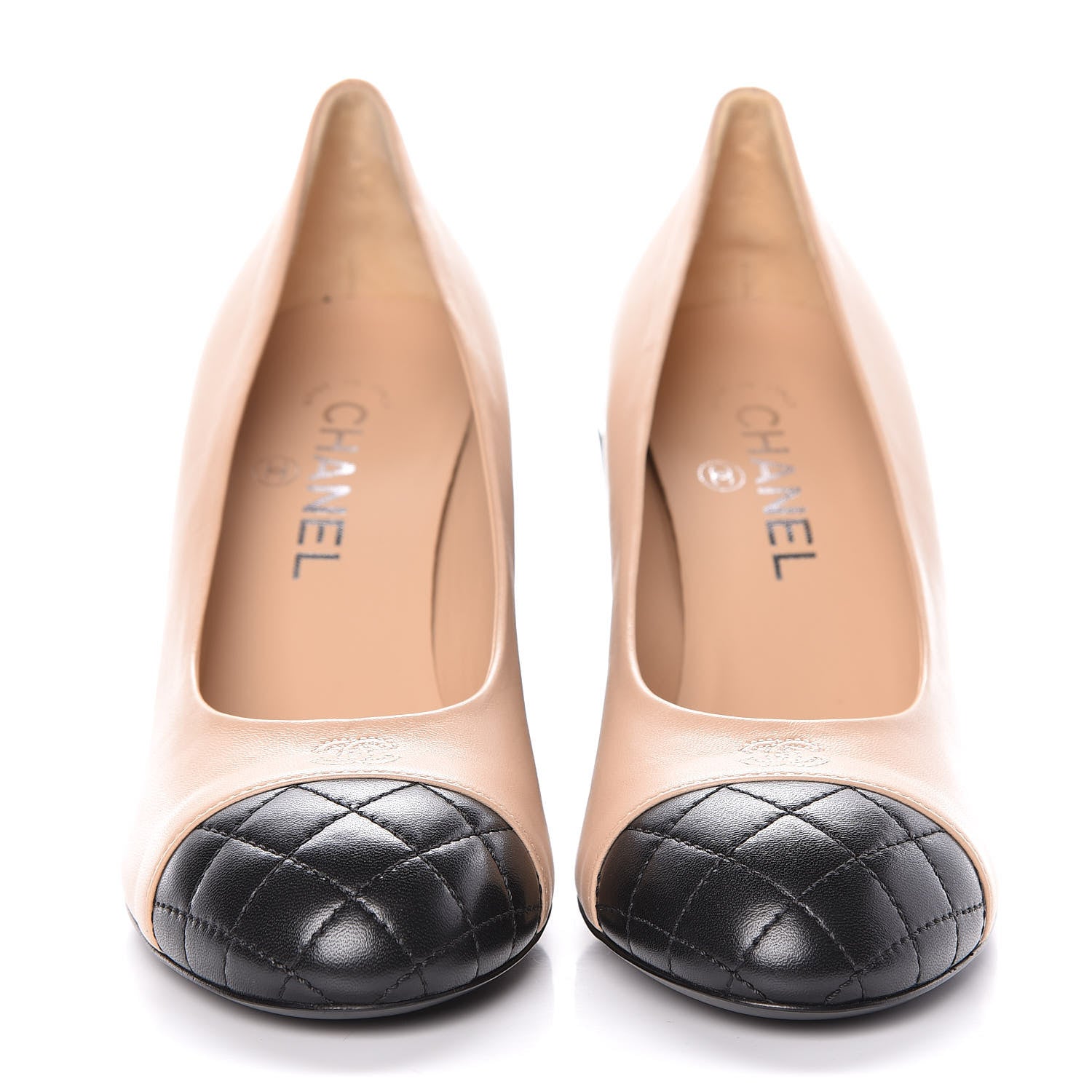 Chanel Lambskin Pearl Cap Toe Pumps 37.5 Beige Black 2 of 8