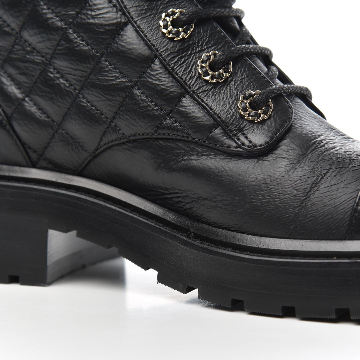 Shiny Goatskin Calfskin Quilted Lace Up Combat Boots 38 Black