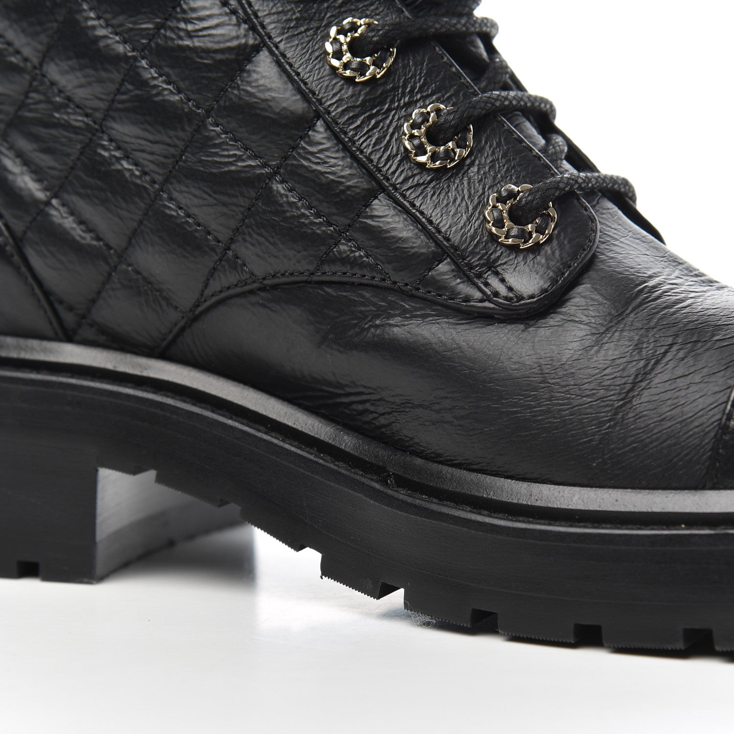 Chanel Shiny Goatskin Calfskin Quilted Lace Up Combat Boots 38 Black 11 of 17