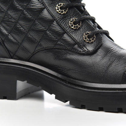Chanel Shiny Goatskin Calfskin Quilted Lace Up Combat Boots 38 Black 11 of 17