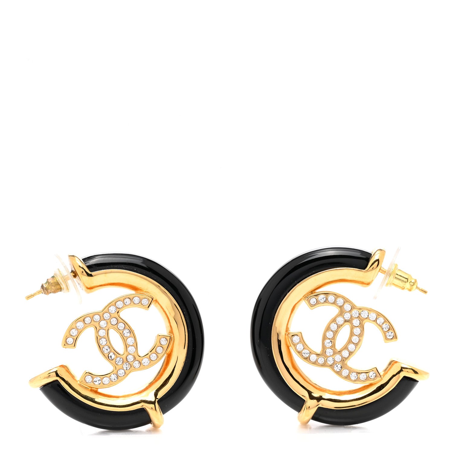 Chanel Resin Crystal CC Hoop Earrings Gold Black 1 of 4