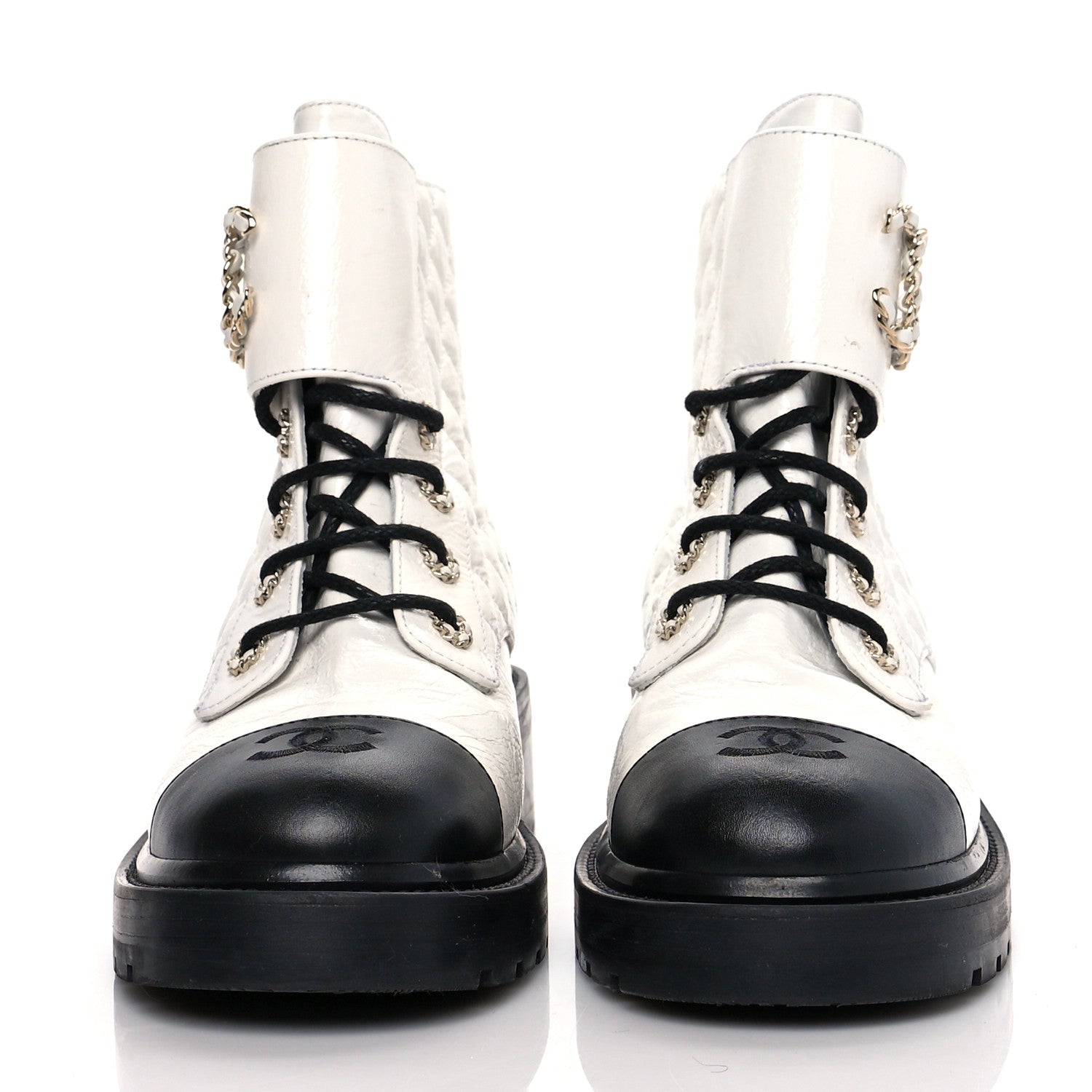 Chanel Shiny Goatskin Calfskin Quilted Lace Up Combat Boots 40.5 White Black 2 of 12