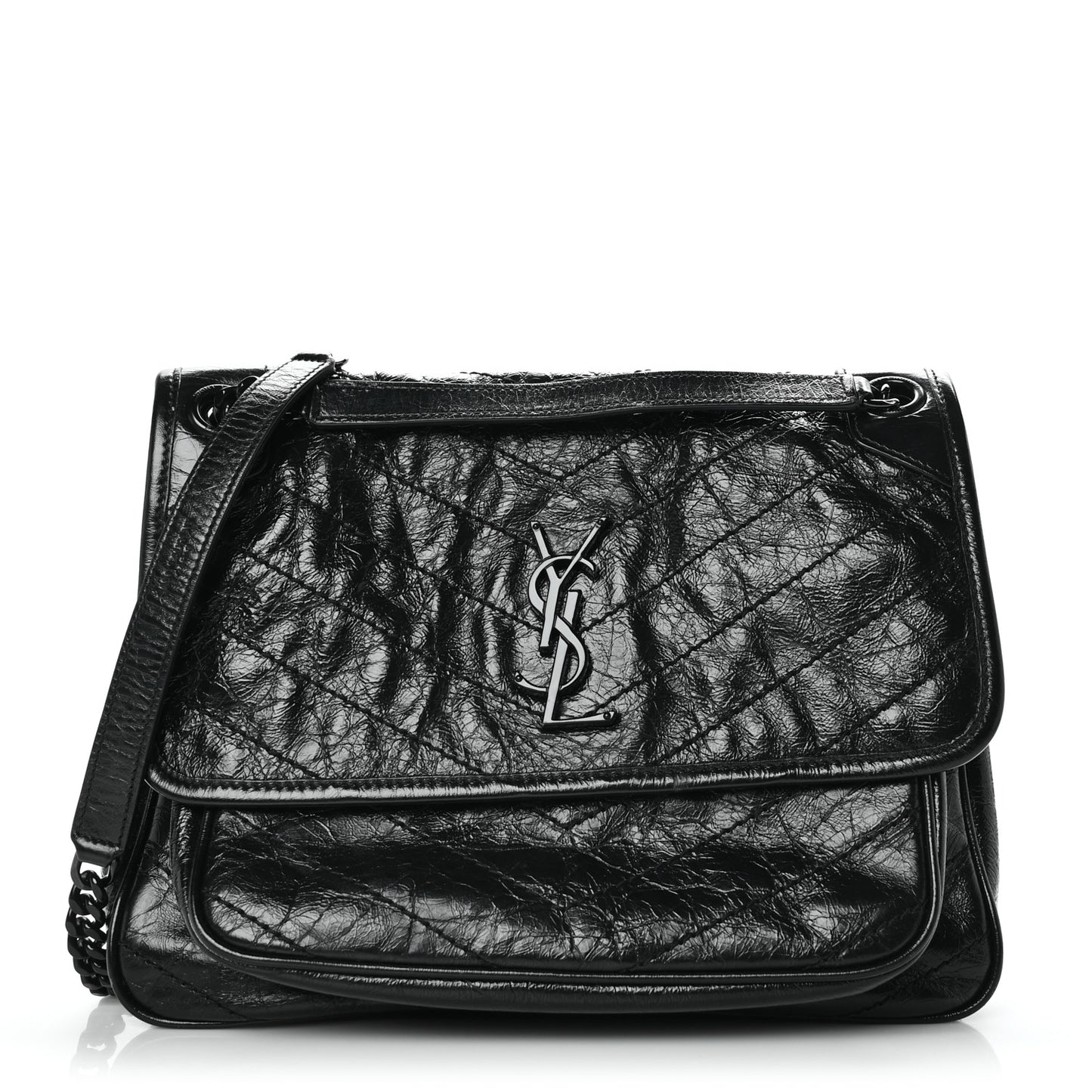 Crinkled Calfskin Matelasse Monogram Medium Niki Chain Satchel Black