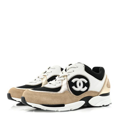 Chanel Mesh Suede Calfskin Womens CC Sneakers 36 White Black Beige Gold 3 of 9