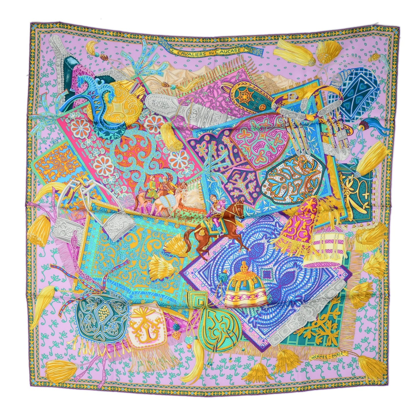 Silk Cavaliers du Caucase Scarf 90 Mauve Vert Or