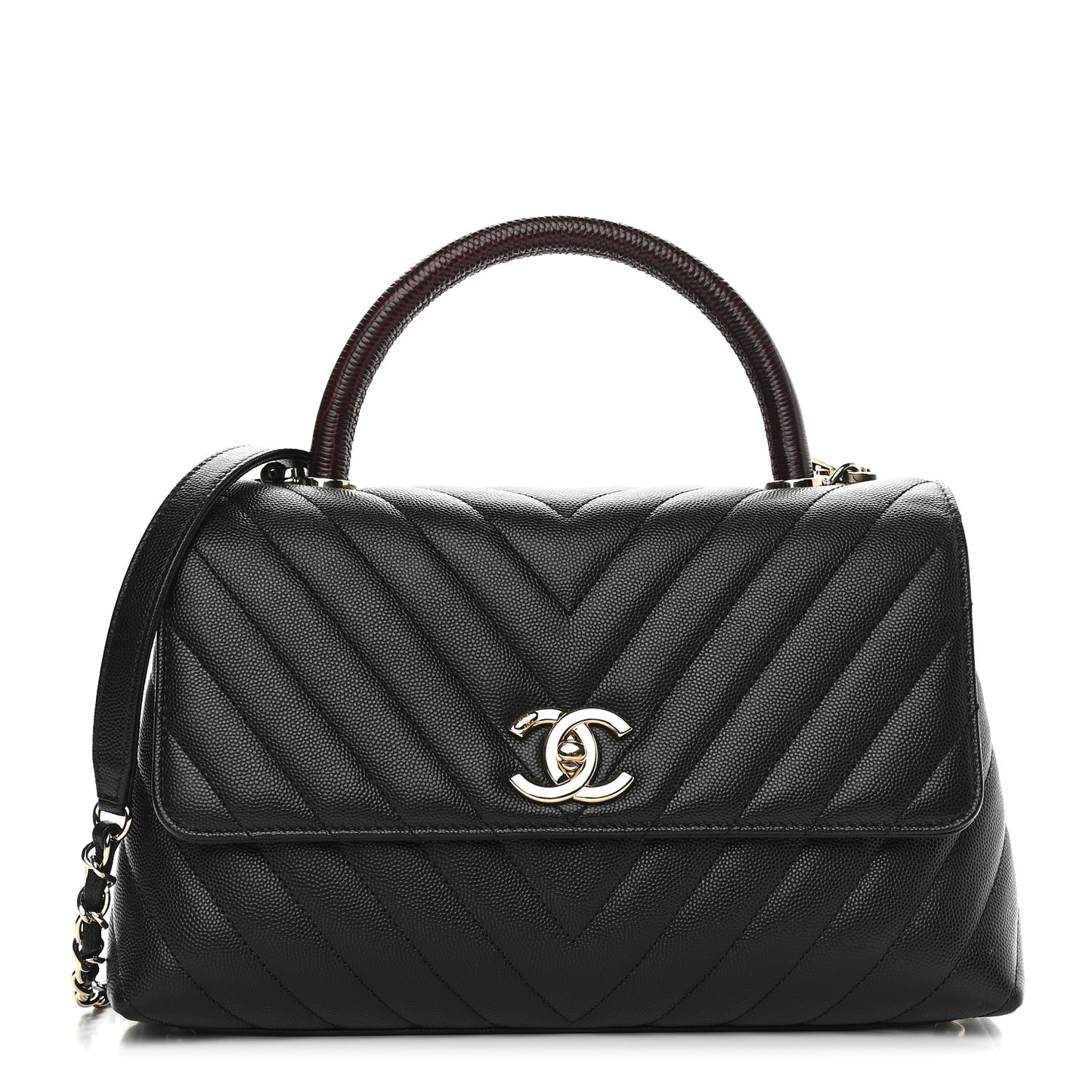 Caviar Lizard Embossed Quilted Chevron Small Coco Handle Flap Black