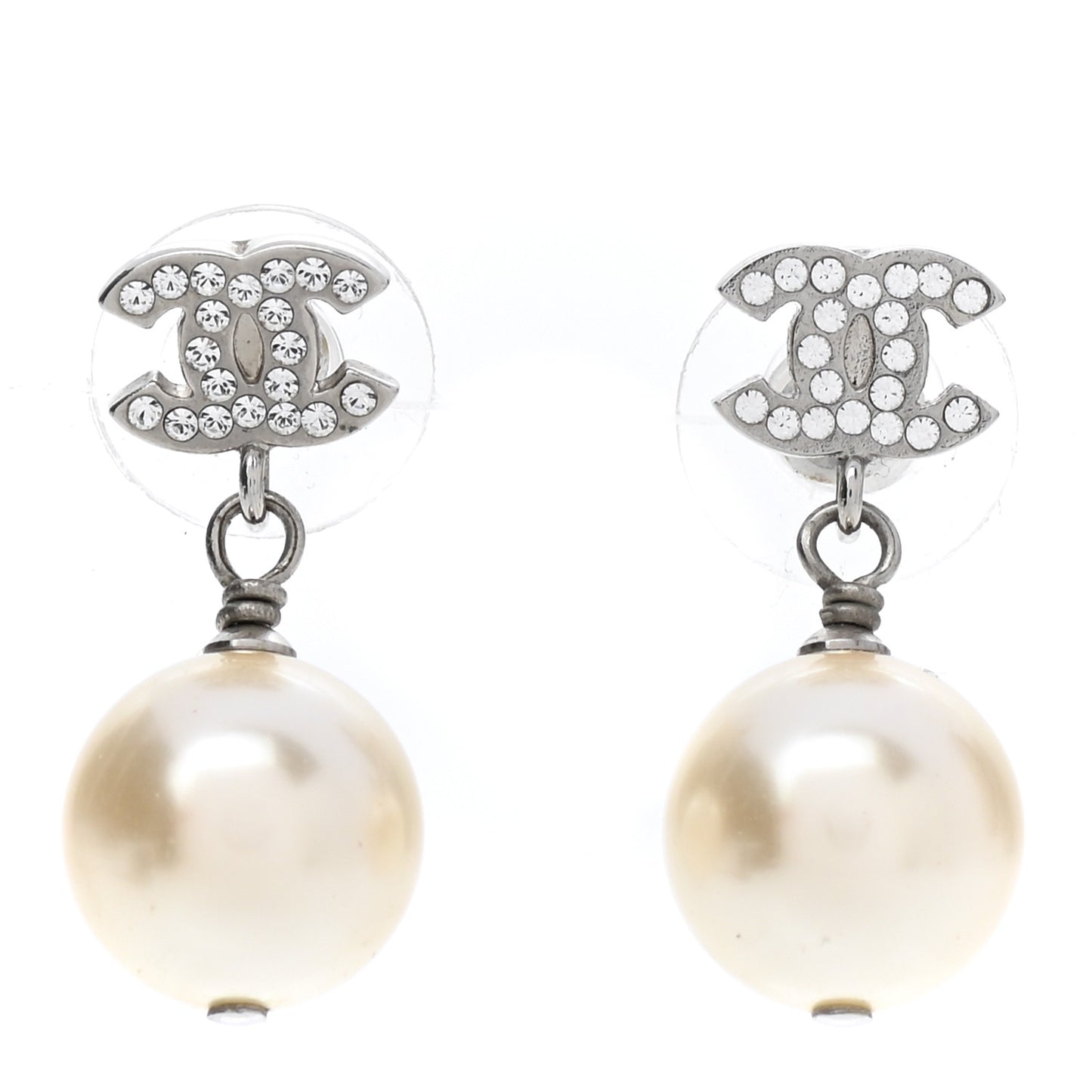 Crystal Pearl CC Drop Earrings Silver