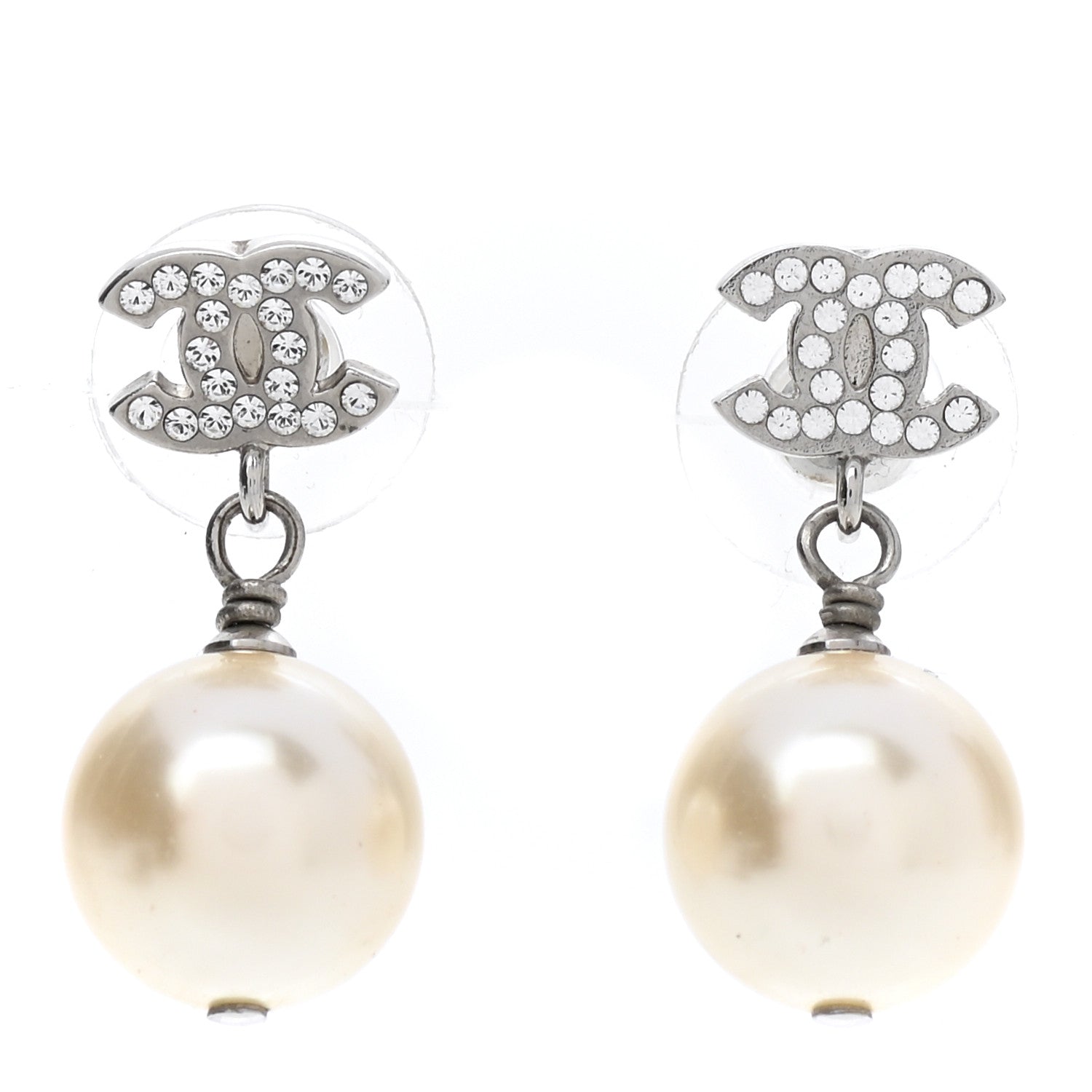 Chanel Crystal Pearl CC Drop Earrings Silver 1 of 5