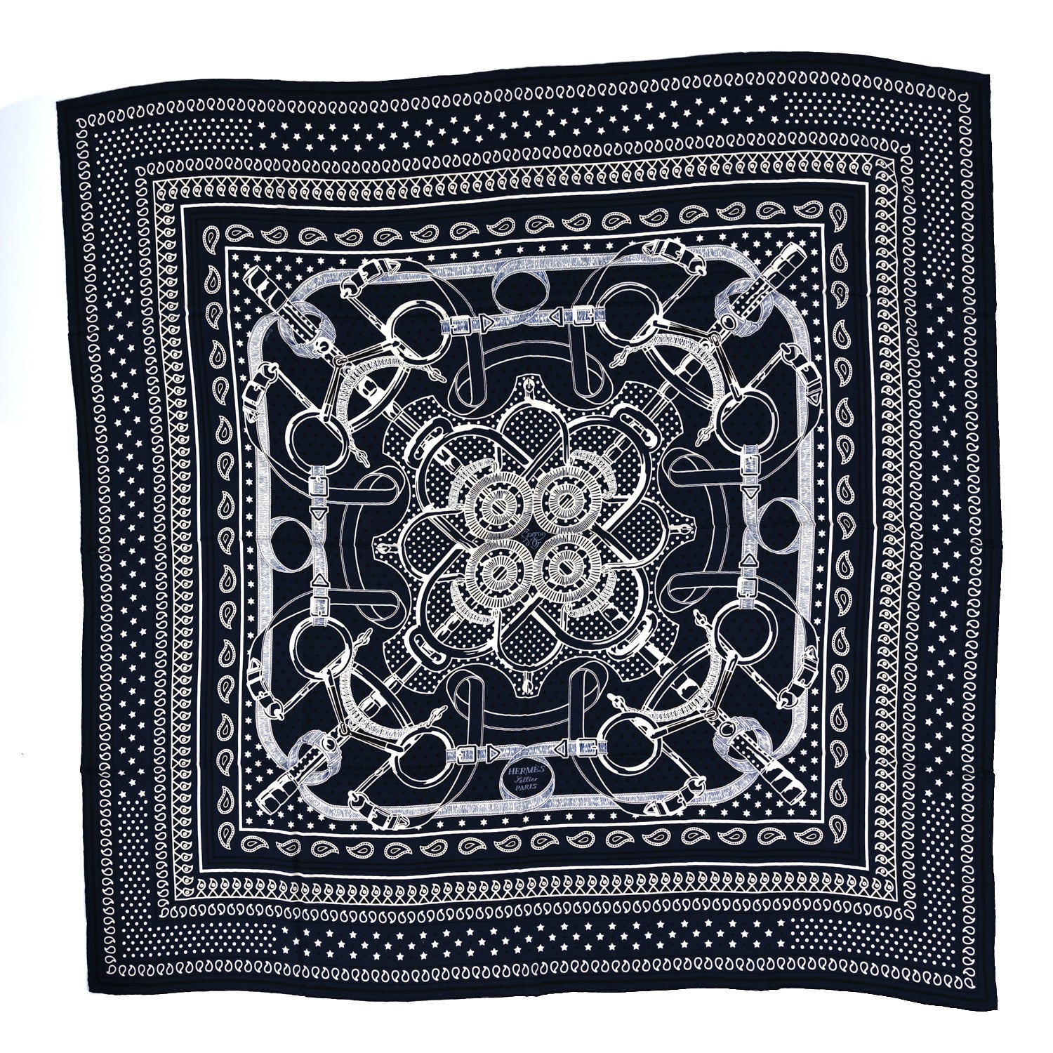 Hermes Cashmere Silk Eperon D'Or Bandana Scarf 140 Marine Black White 1 of 5