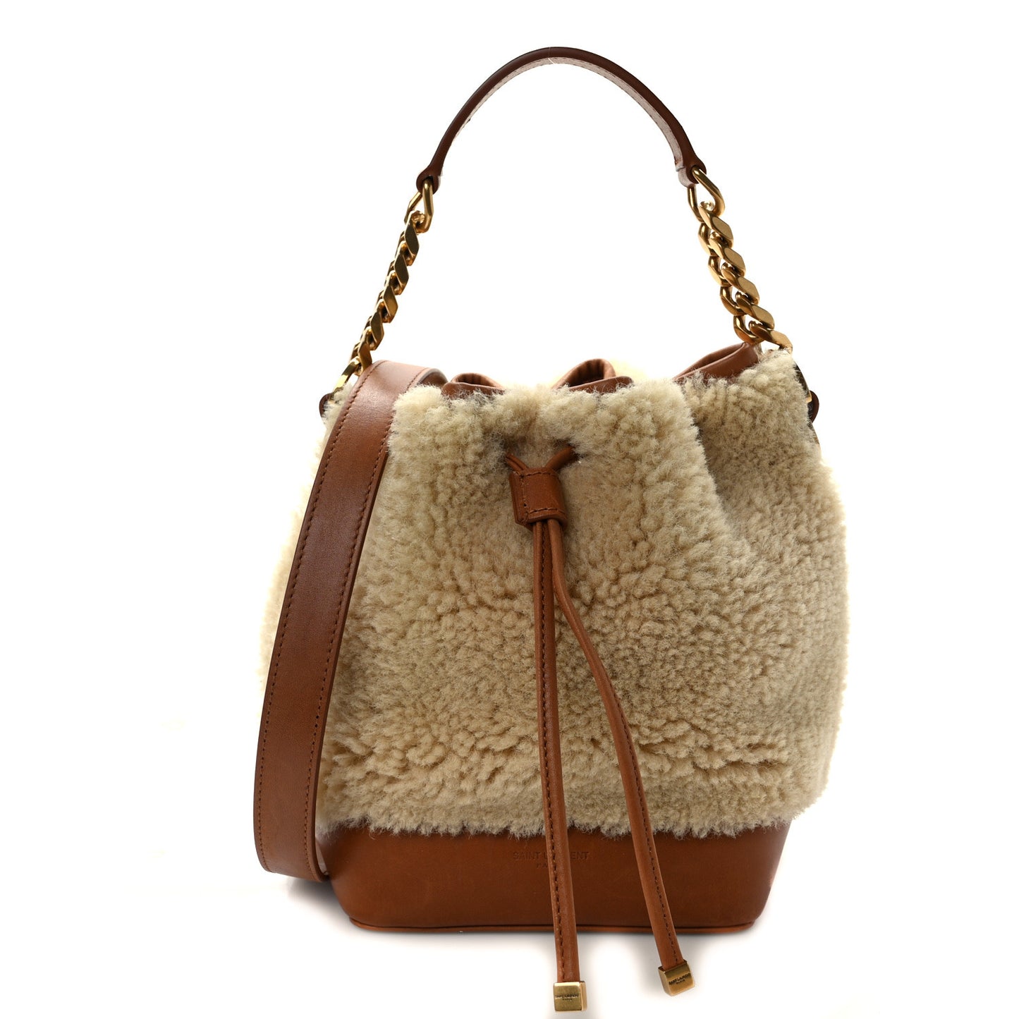 Shearling Calfskin Small Emmanuelle Bucket Bag Natural Beige Brick