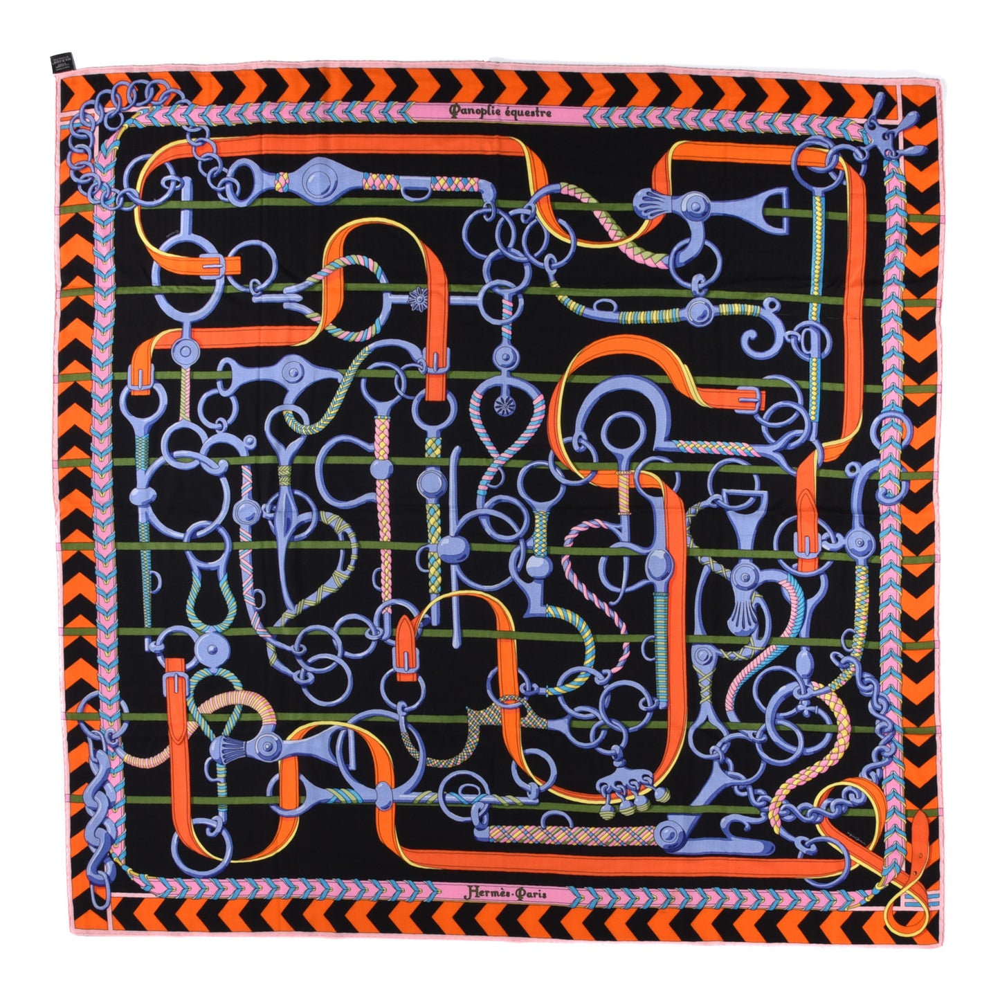Cashmere Silk Panoplie Equestre Shawl 140 Black Orange Vert