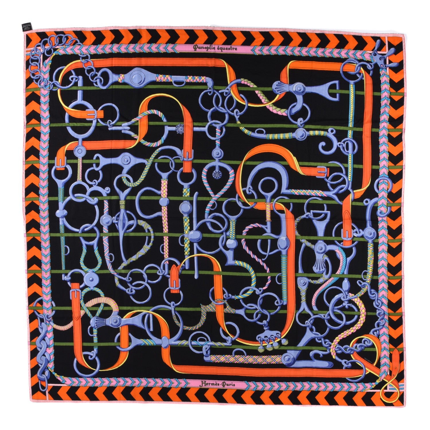 Hermes Cashmere Silk Panoplie Equestre Shawl 140 Black Orange Vert 2 of 10