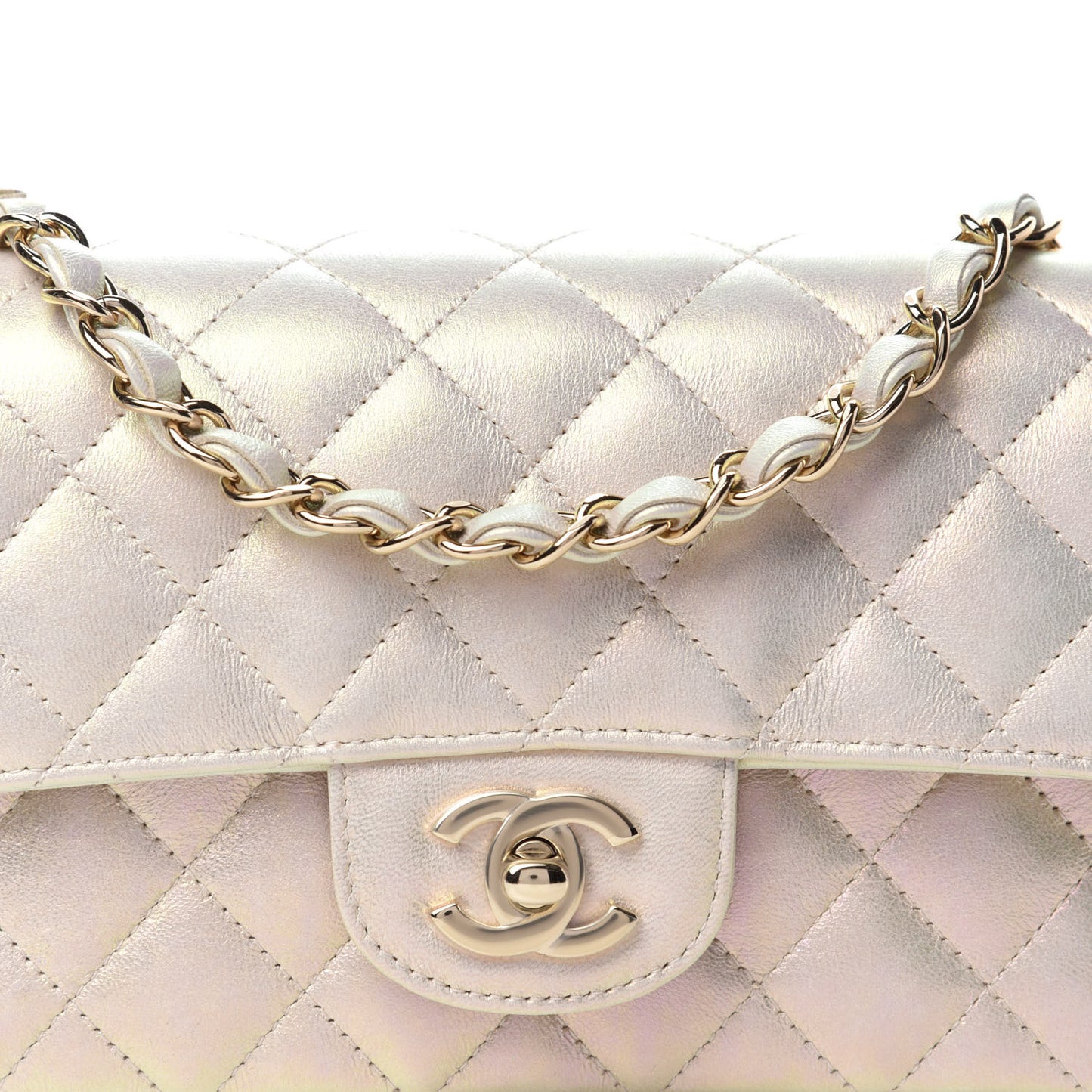 Iridescent Lambskin Quilted Mini Rectangular Flap Ivory