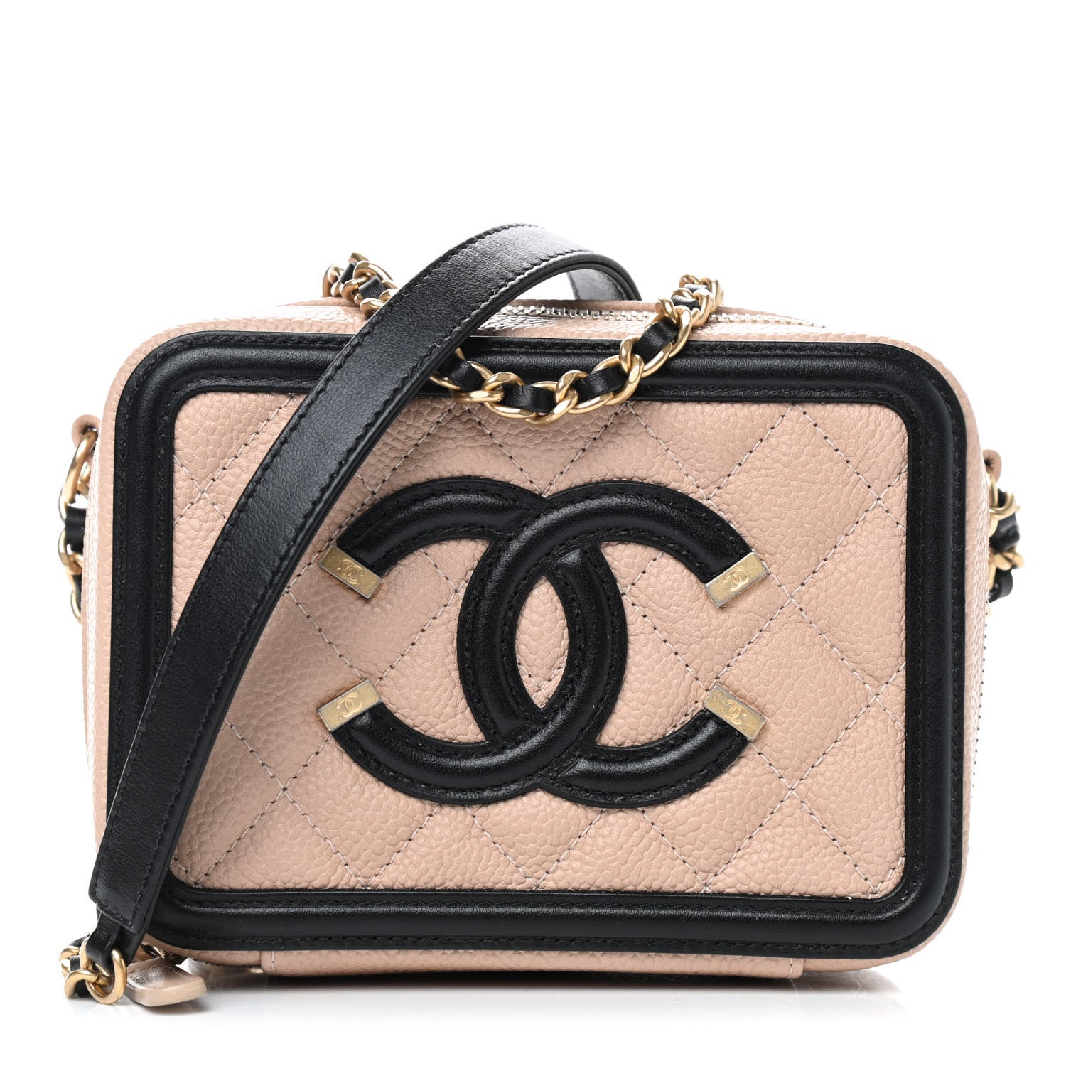 Chanel Caviar Quilted CC Filigree Vanity Clutch With Chain Beige Black 1 of 10