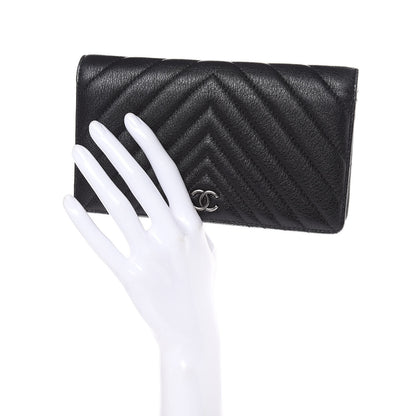 Chanel Shiny Goatskin Chevron Quilted Yen Wallet Black 2 of 15