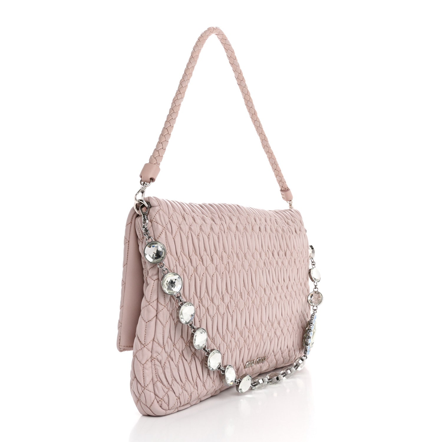 Miu Miu Nappa Matelasse Crystal Flap Clutch Cammeo 3 of 14