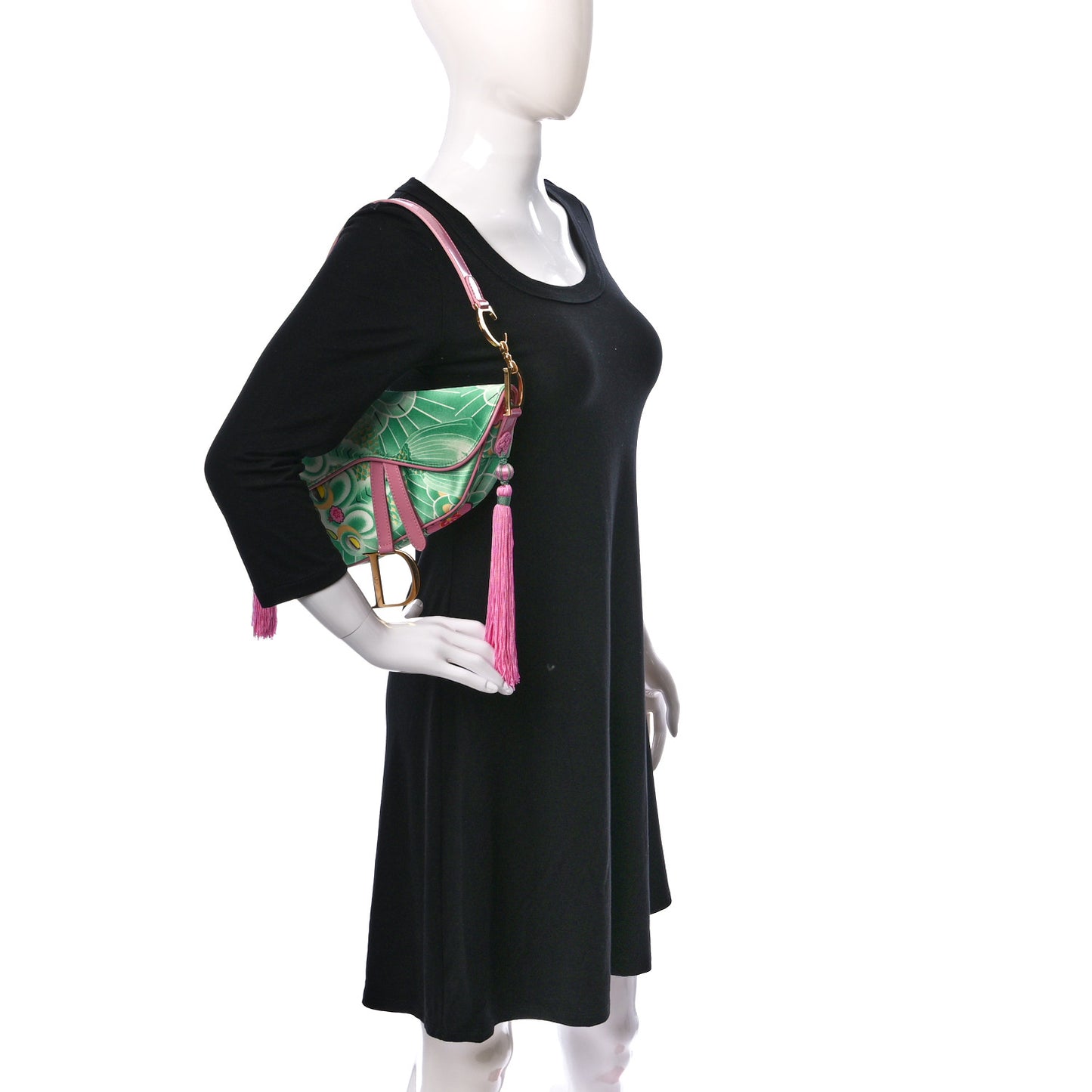CHRISTIAN DIOR Satin Tassel Koi Saddle Bag Green Pink