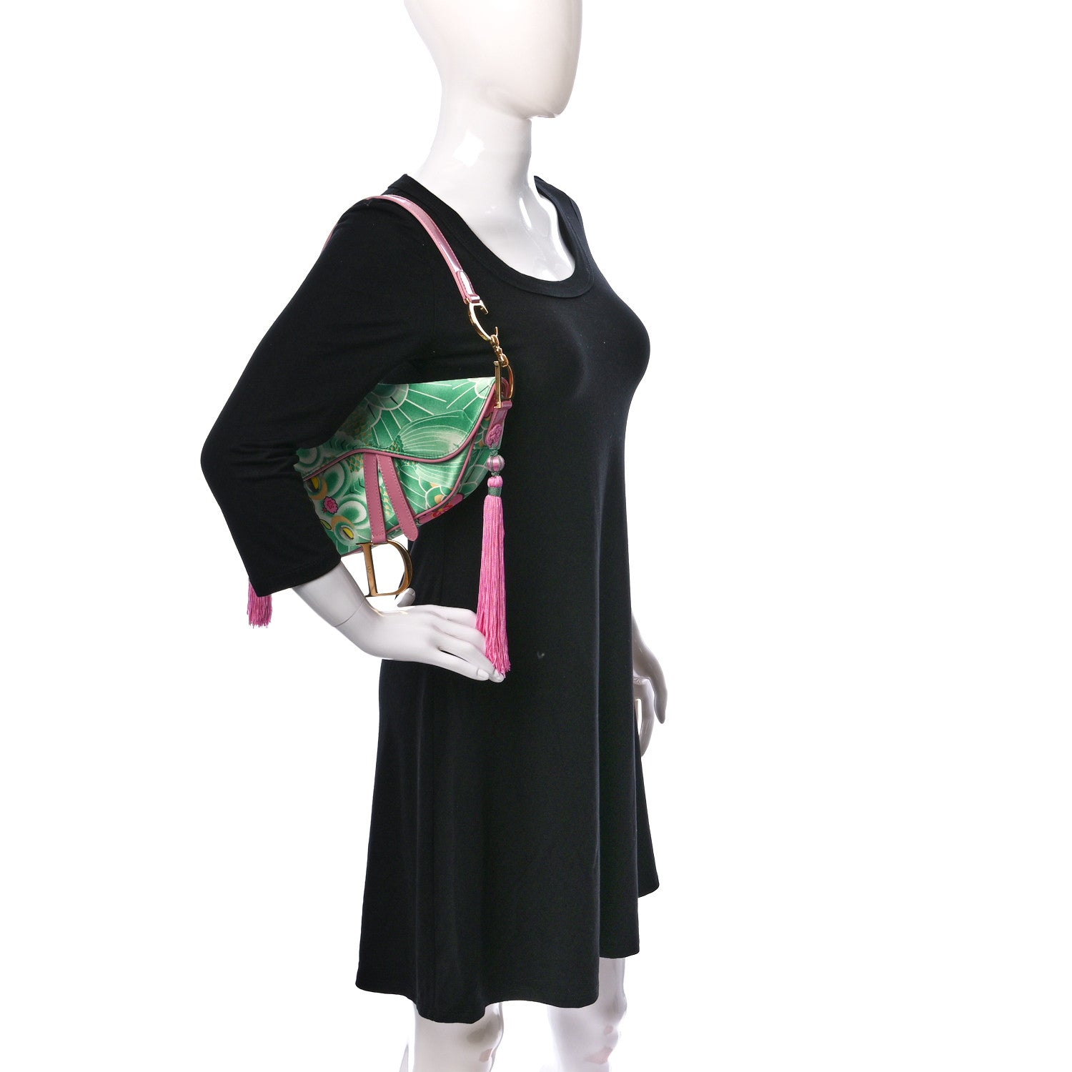 Christian Dior CHRISTIAN DIOR Satin Tassel Koi Saddle Bag Green Pink 2 of 10