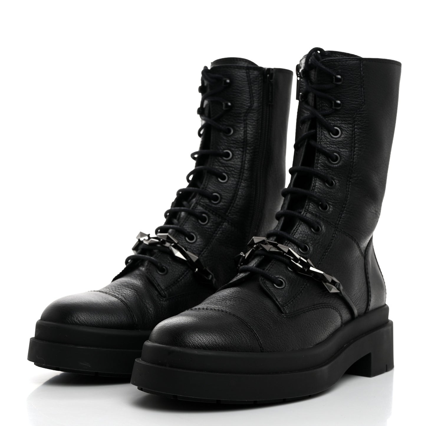 Grained Calfskin Nari Diamond Chain Flat Boots 39 Black Anthracite