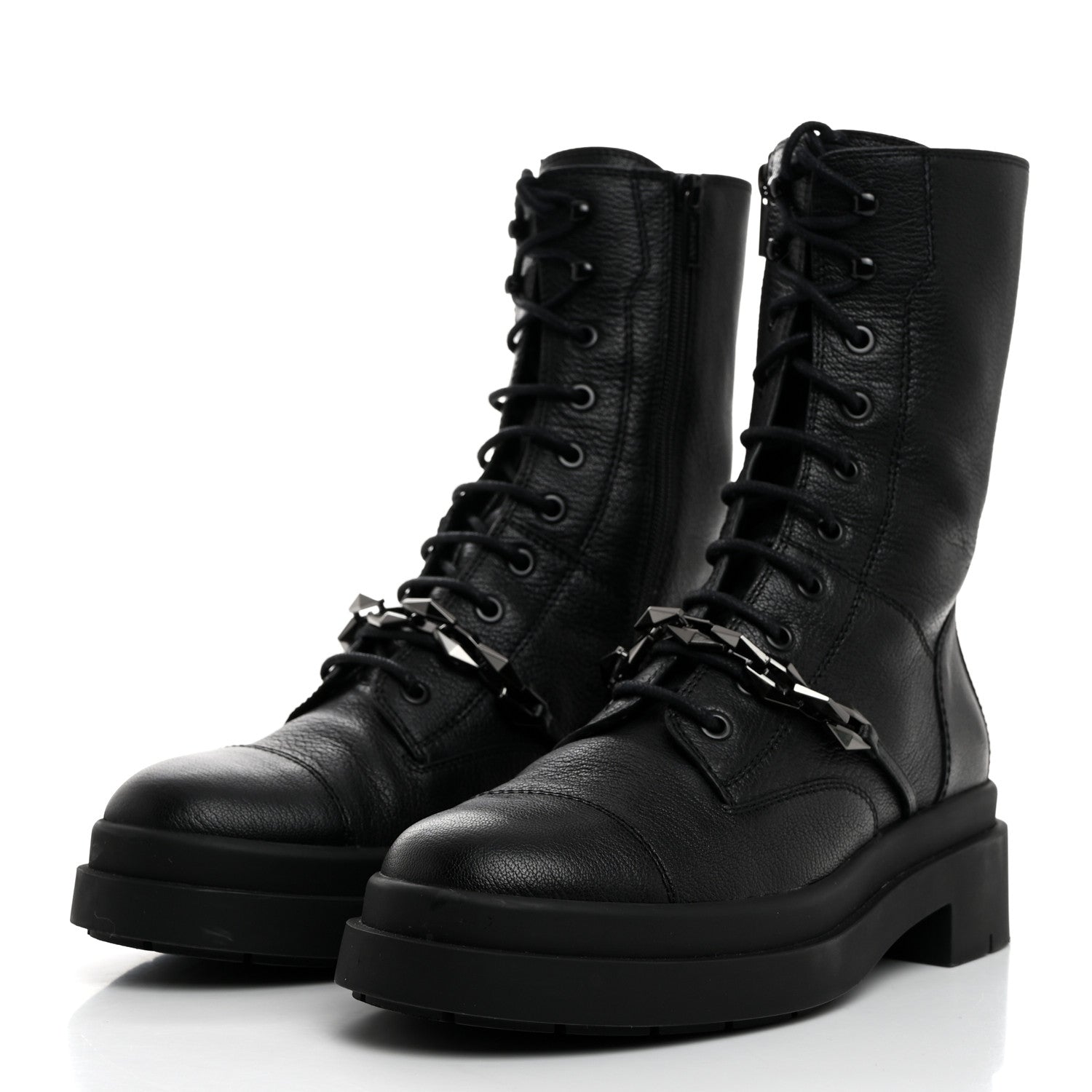 Jimmy Choo Grained Calfskin Nari Diamond Chain Flat Boots 39 Black Anthracite 3 of 8