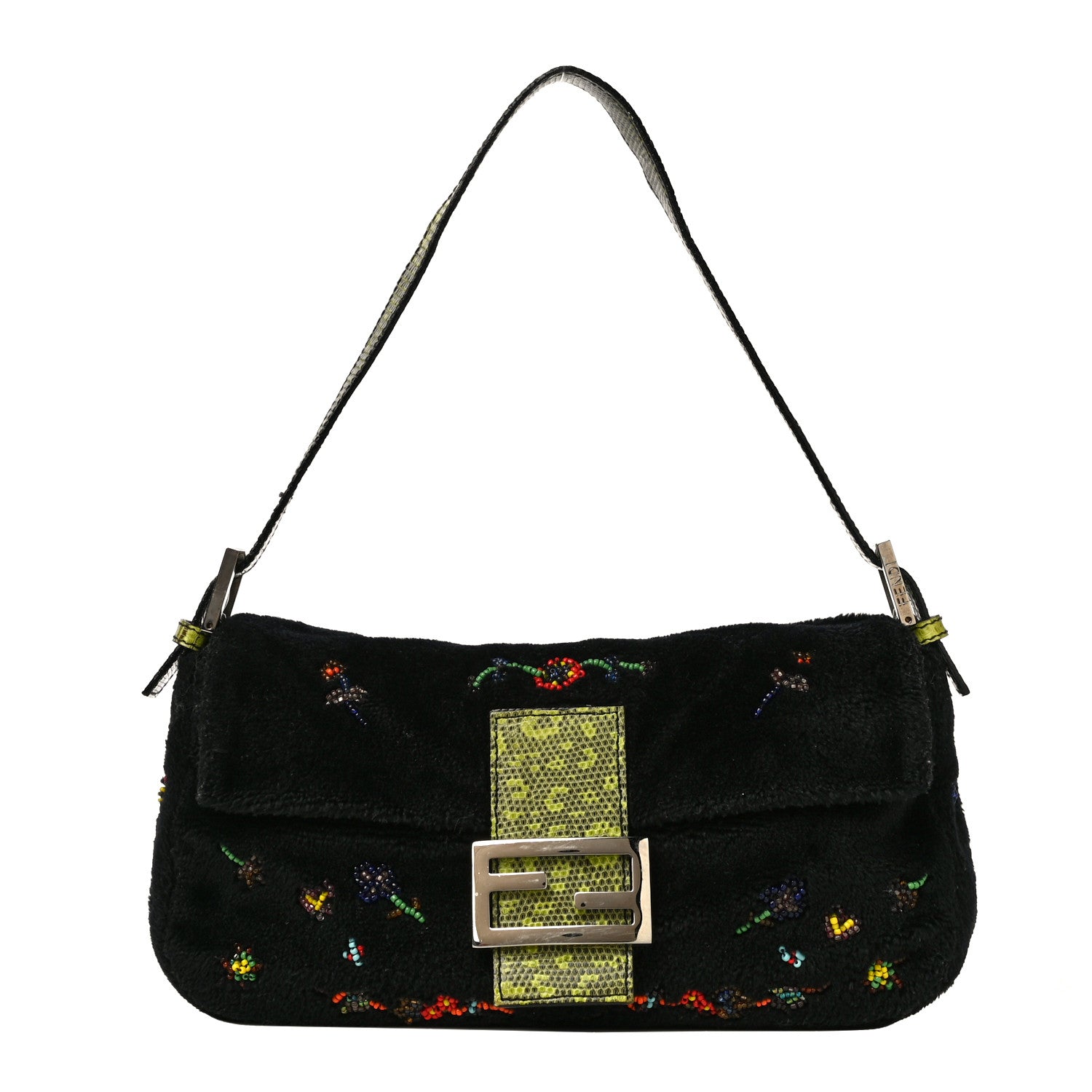 Fendi Shearling Lizard Beaded Baguette Black Green Multicolor 1 of 14