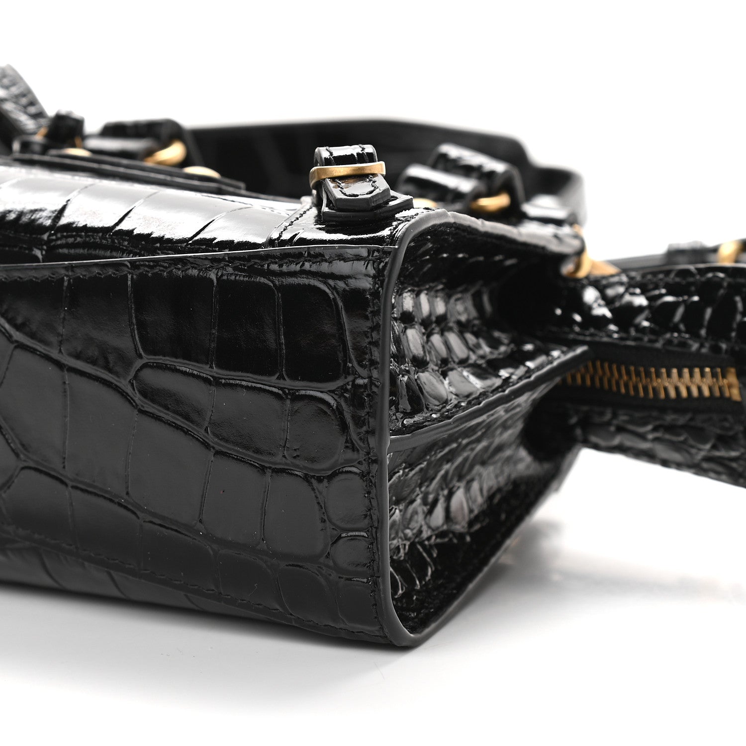 Balenciaga Shiny Supple Calfskin Crocodile Embossed Neo Classic Gold Hardware Nano City Crossbody Black 7 of 7
