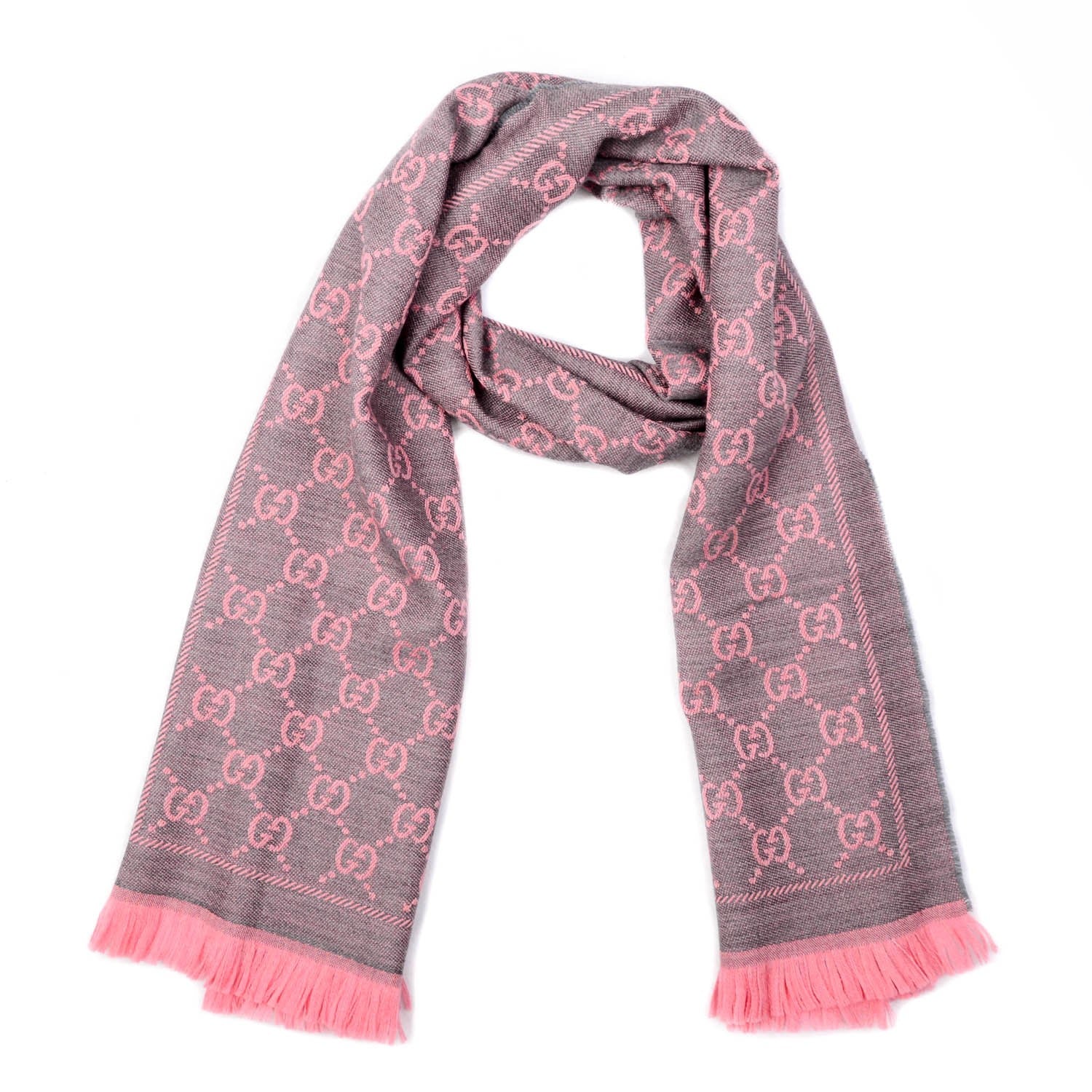 Gucci Wool Jacquard GG Monogram Sten Fringe Scarf Graphite Pink 1 of 5