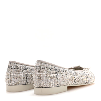 Chanel Wool Cotton Tweed Lambskin Cap Toe Ballerina Flats 37.5 Gray Black Gold 5 of 9