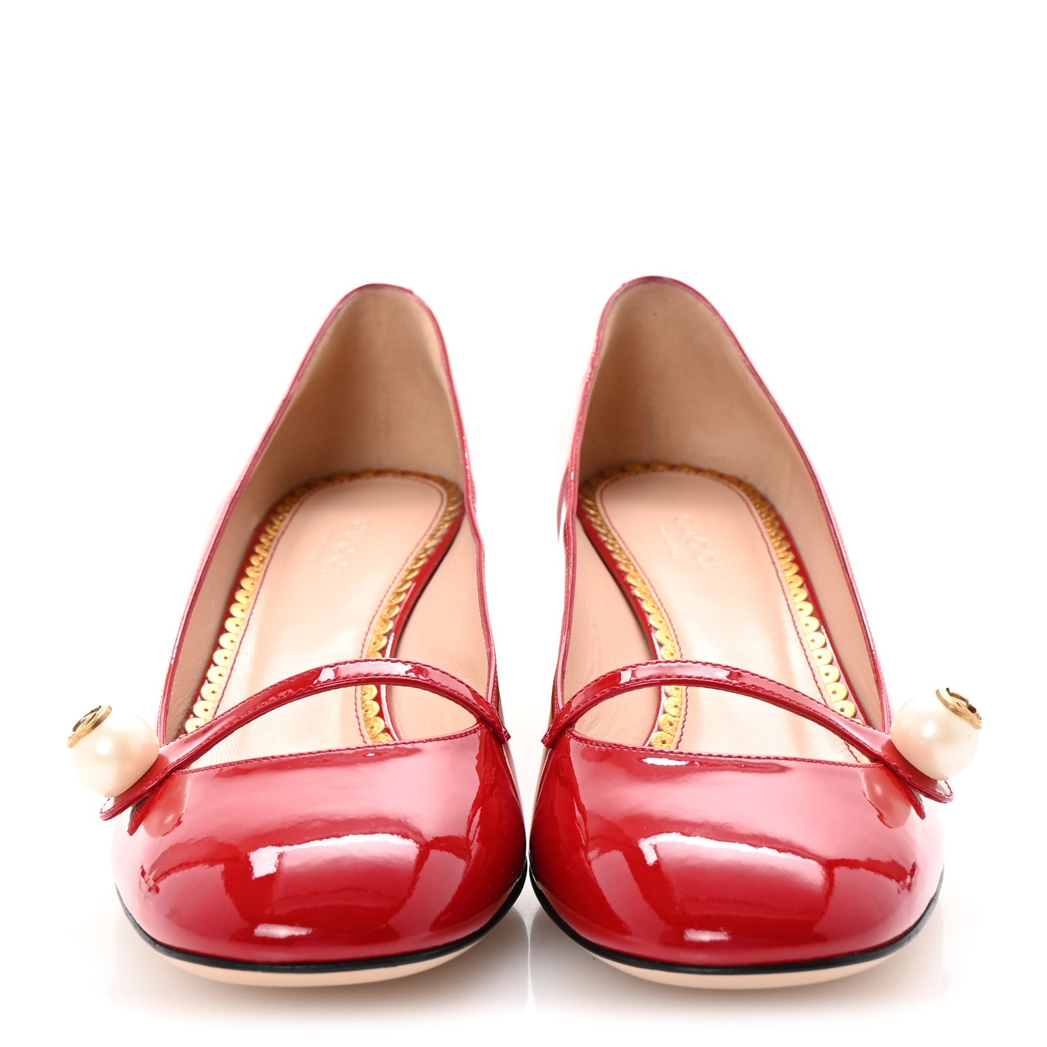 Gucci Vernice Crystal Pearl Embellished Mary Jane Pumps 37.5 Hibiscus Red 3 of 9