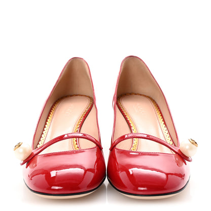 Gucci Vernice Crystal Pearl Embellished Mary Jane Pumps 37.5 Hibiscus Red 3 of 9