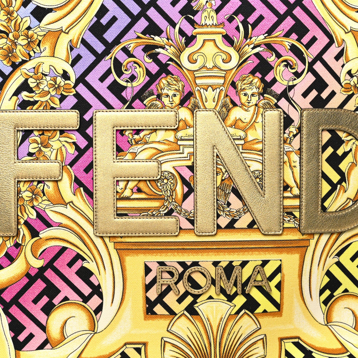 X VERSACE Canvas Printed Plexiglass Fendace FF Baroque XL Fendi Sunshine Shopper Tote Gold