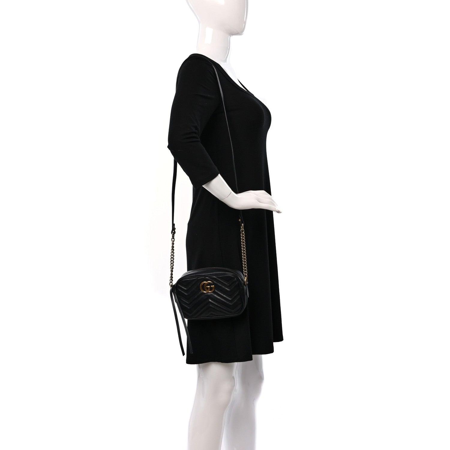 Gucci Calfskin Matelasse Mini GG Marmont Chain Shoulder Bag Black 2 of 8