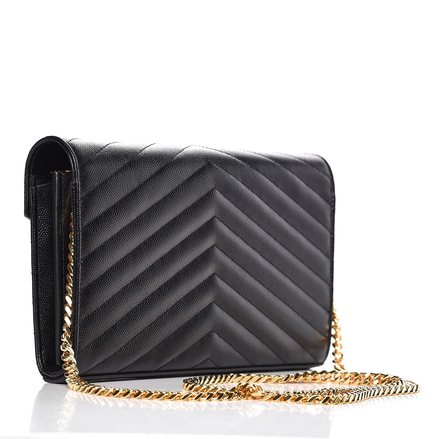 Saint Laurent Grain De Poudre Matelasse Chevron Monogram Chain Wallet Black 3 of 10