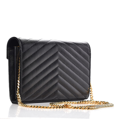Saint Laurent Grain De Poudre Matelasse Chevron Monogram Chain Wallet Black 3 of 10