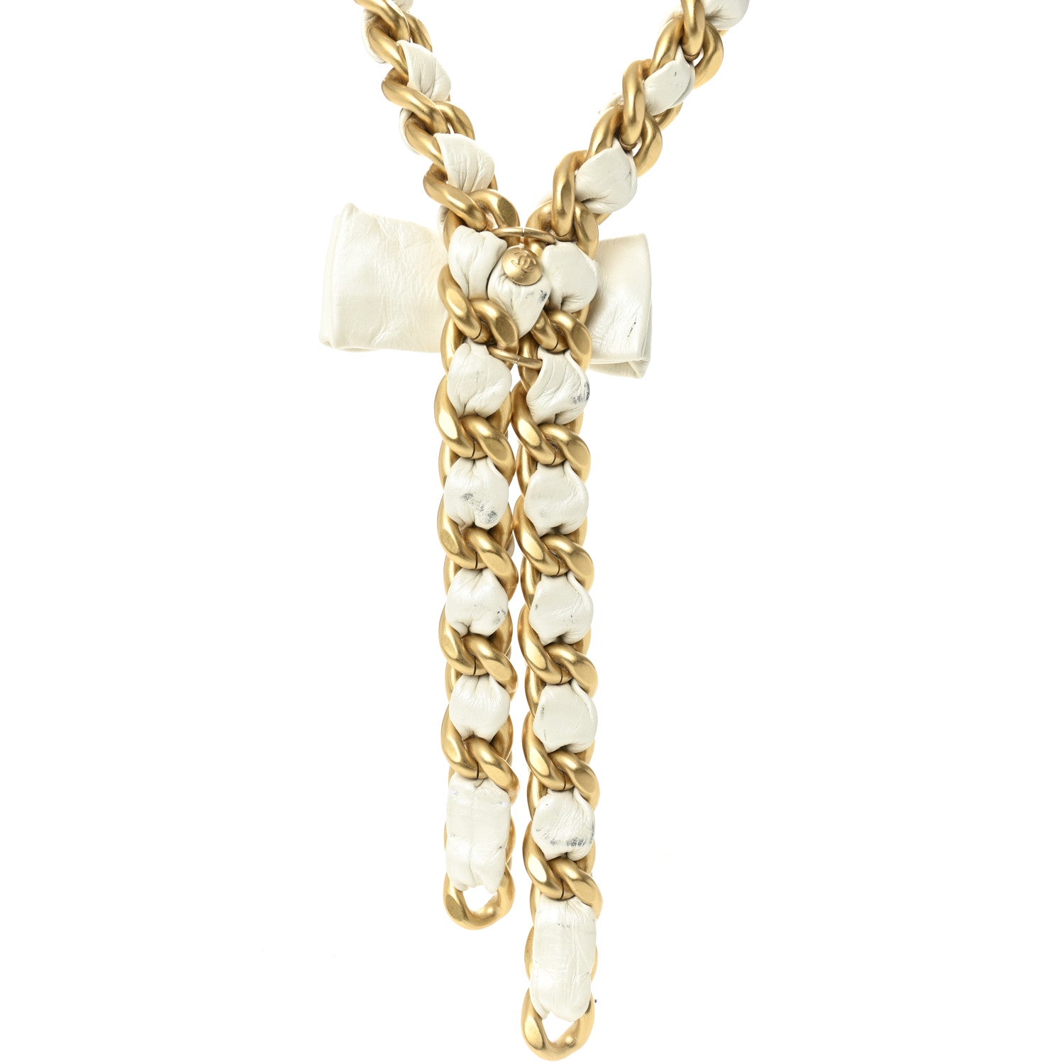 Chanel Calfskin Chain Camellia Bow Necklace Gold White 7 of 7