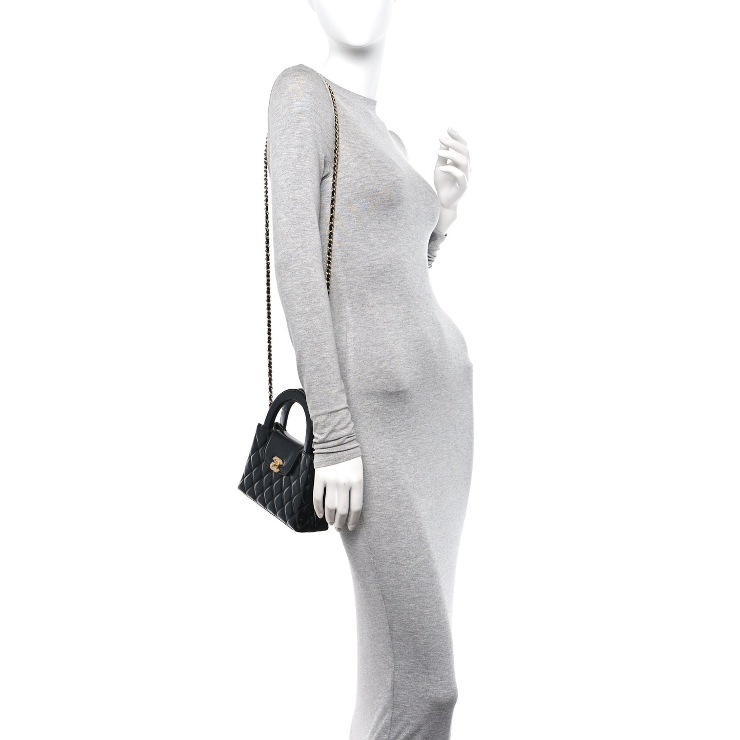 Shiny Aged Calfskin Quilted Nano Kelly Shopper Black