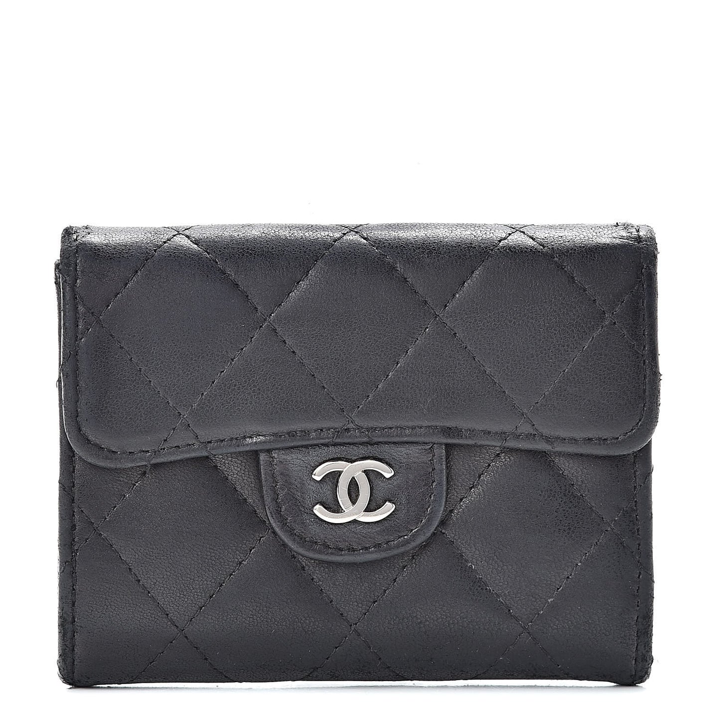 Lambskin Quilted Flap Card Holder Wallet Black