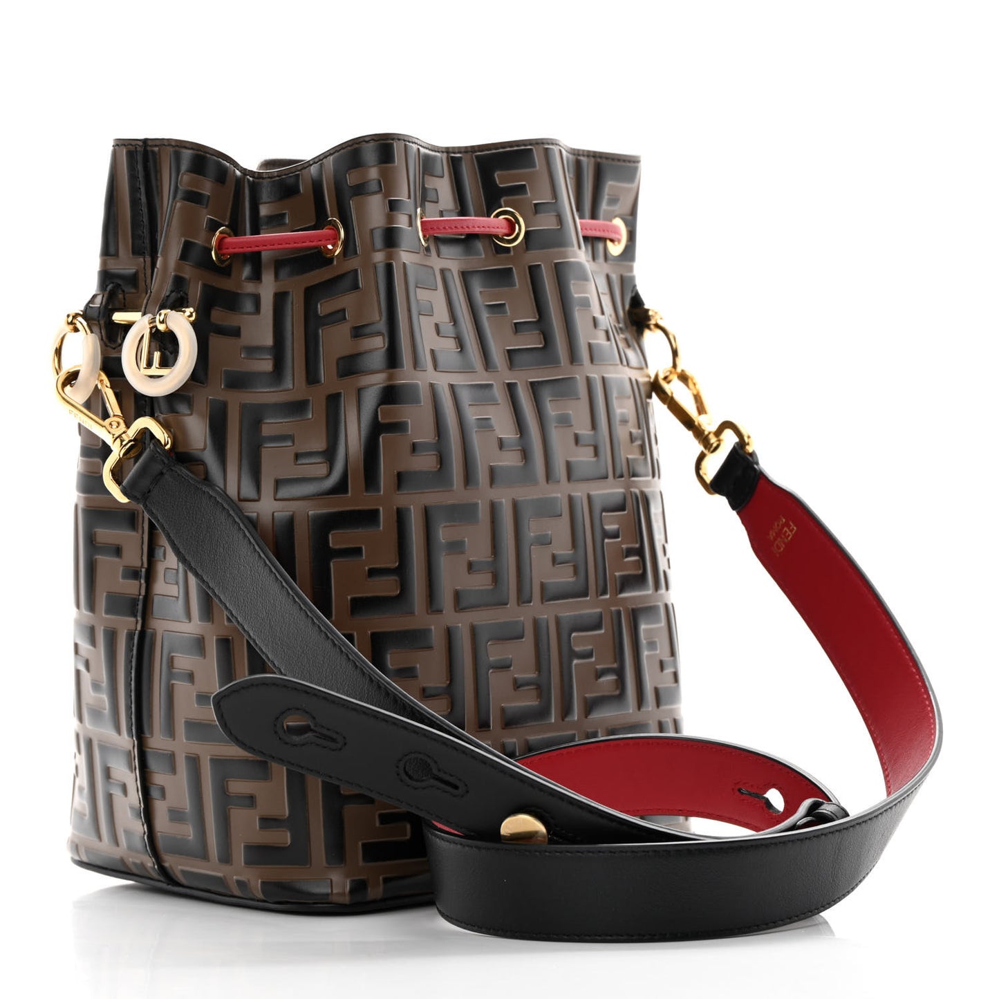 Vitello Grace F is Fendi Bi-Color FF 1974 Embossed Grande Mon Tresor Bucket Bag Maya Black Fragola
