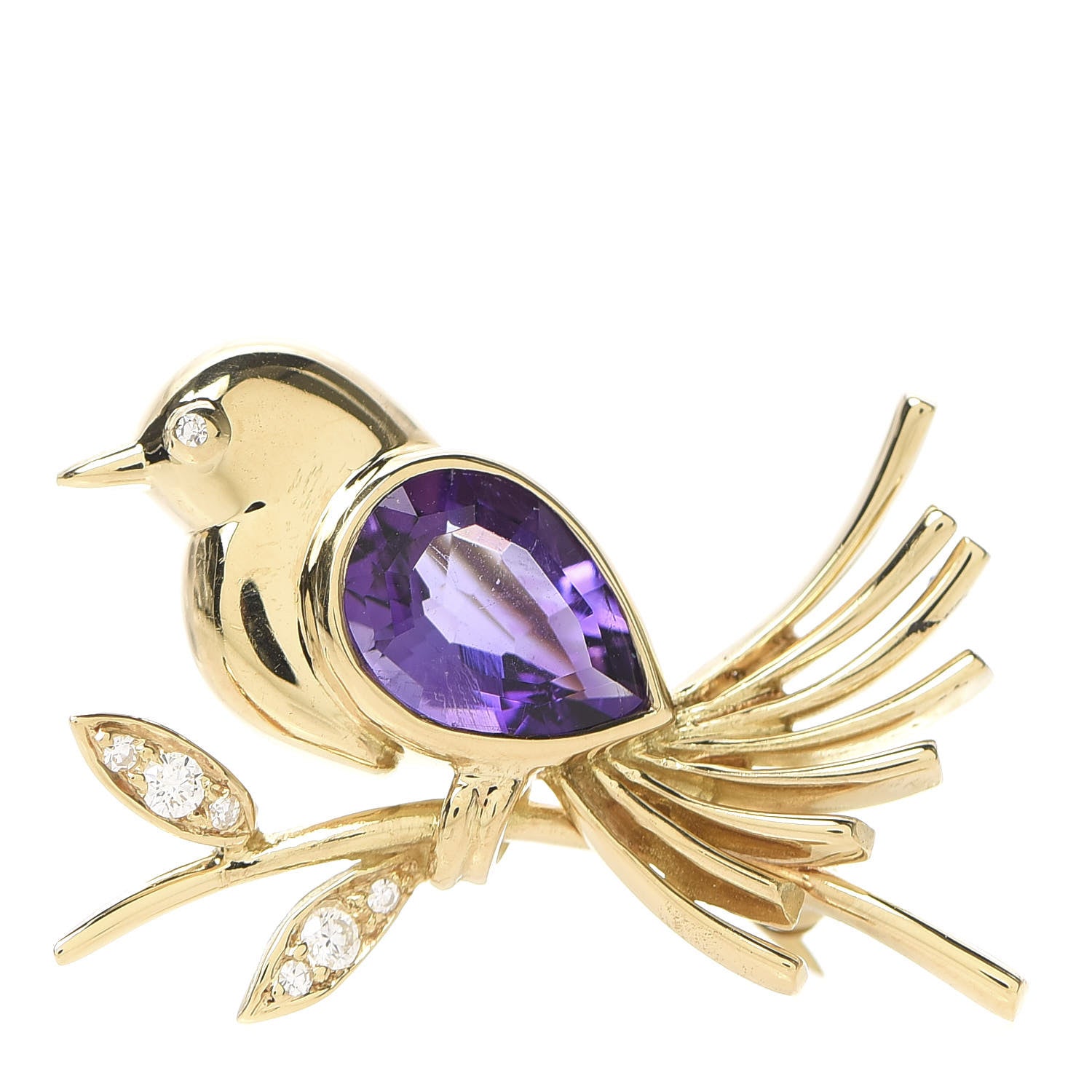 Tiffany 18K Yellow Gold Diamond Amethyst Bird Brooch Pin 1 of 5