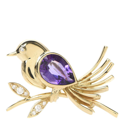 Tiffany 18K Yellow Gold Diamond Amethyst Bird Brooch Pin 1 of 5