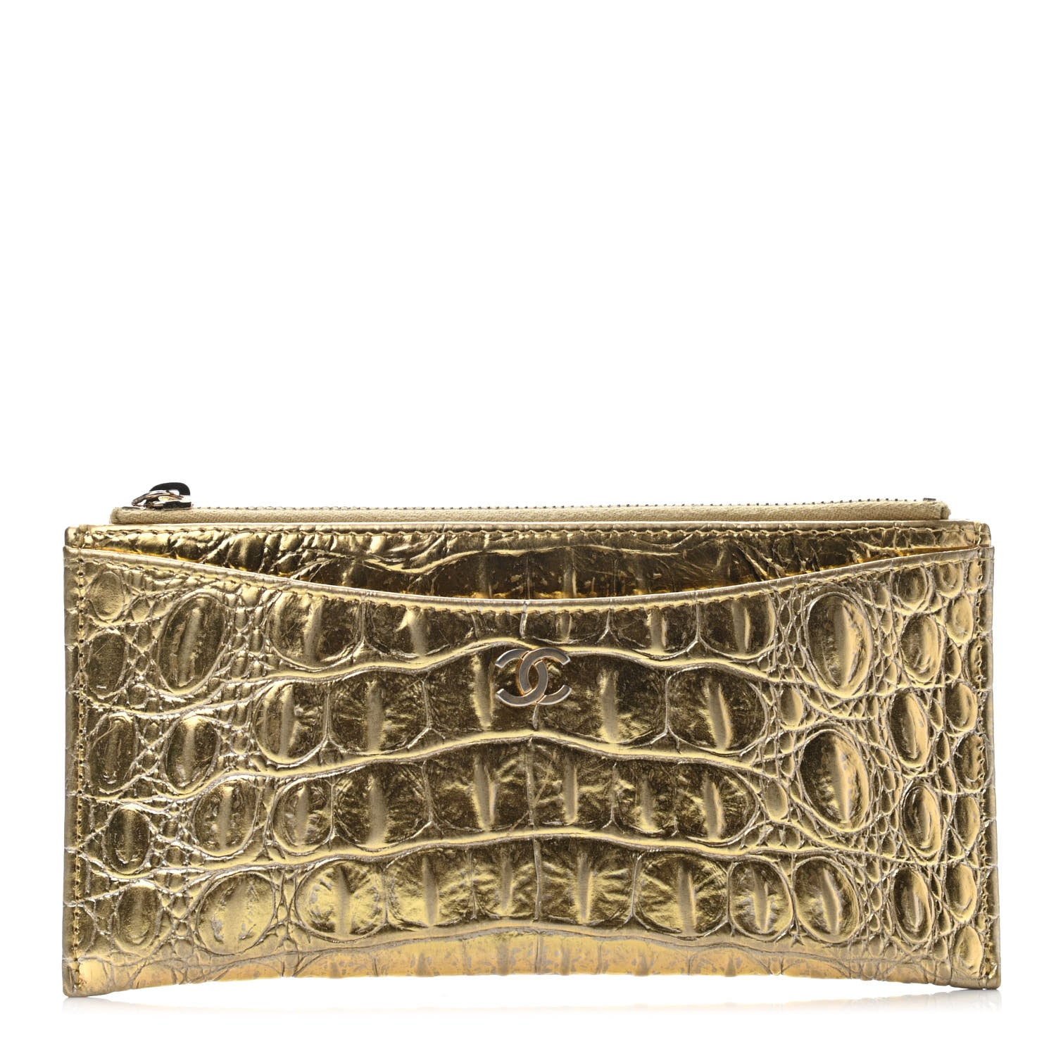 Chanel Calfskin Crocodile Embossed Cocodile Zip Pouch Gold 1 of 4