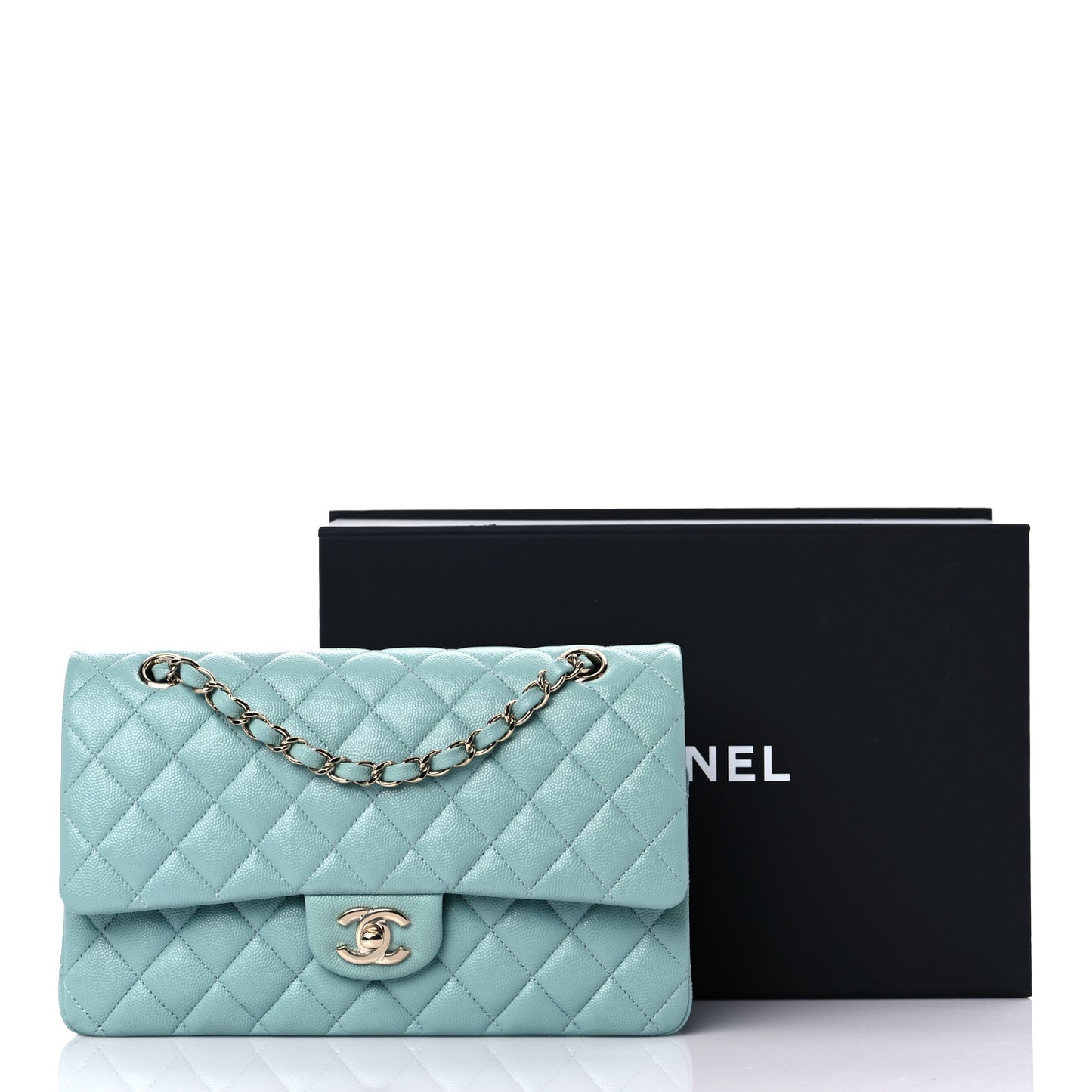 Caviar Quilted Medium Double Flap Light Blue