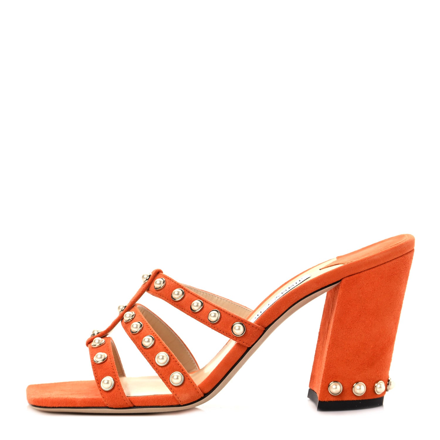 Jimmy Choo Suede Pearl Embellished Hazal 85 Mule Sandals 39 Orange 1 of 8