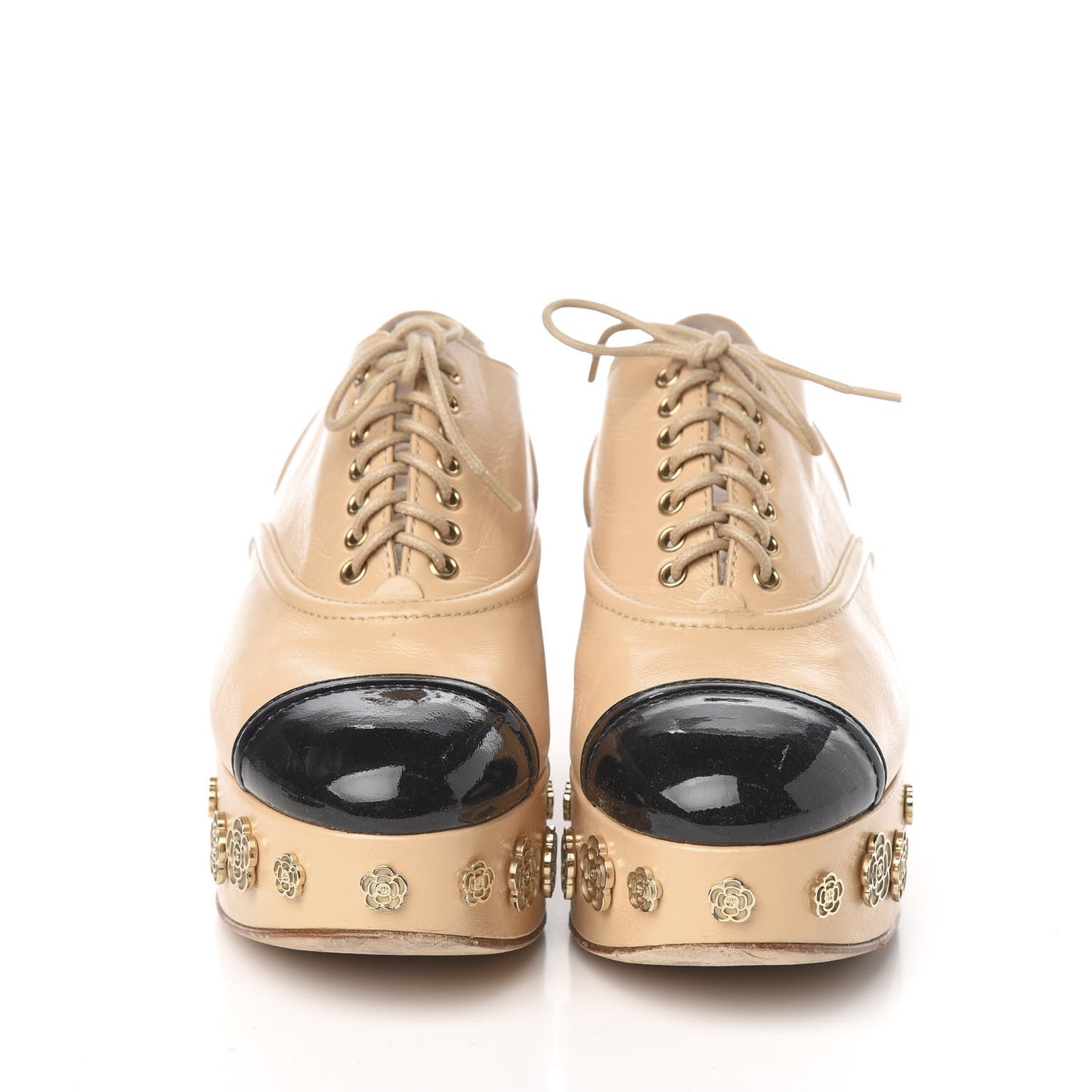 Crumpled Calfskin Lace Up Platform Oxford 38 Beige Black