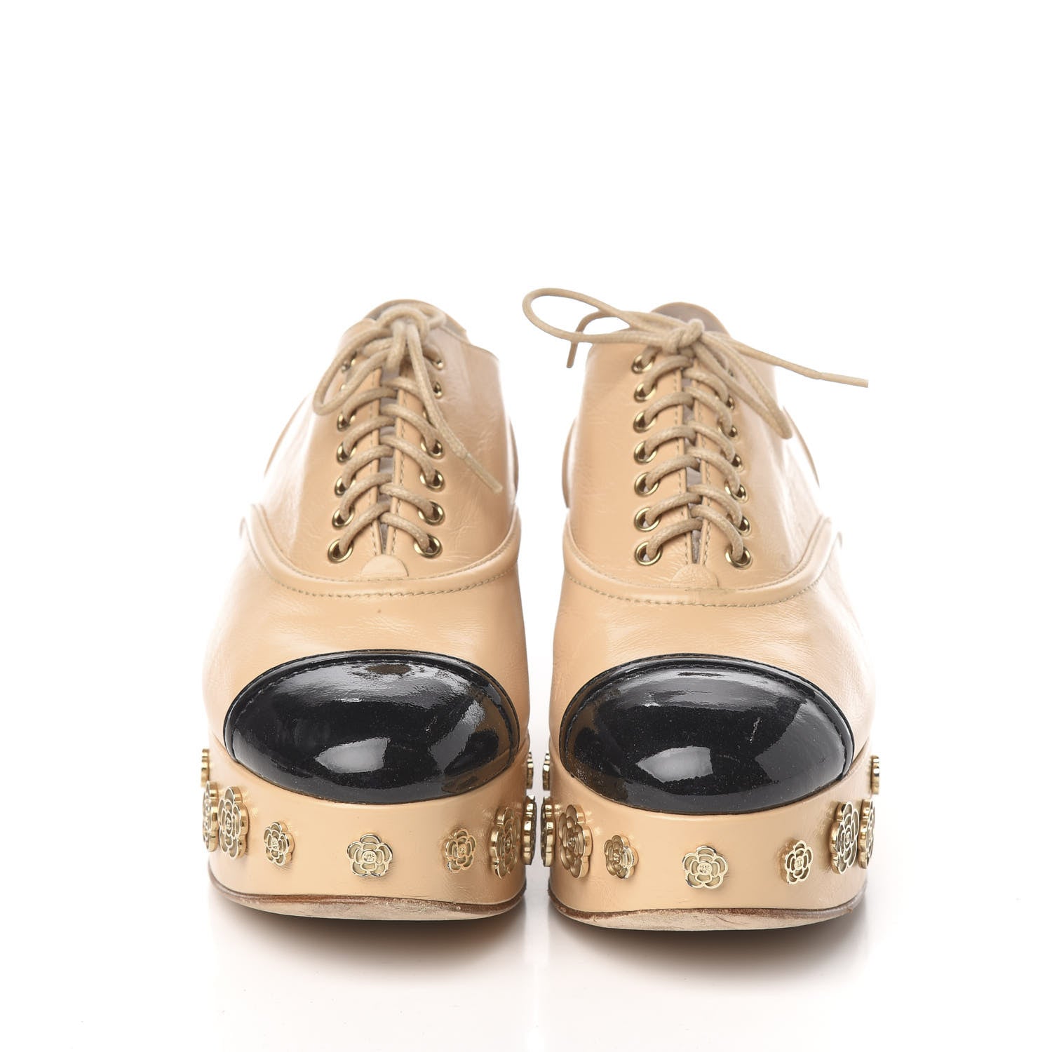 Chanel Crumpled Calfskin Lace Up Platform Oxford 38 Beige Black 2 of 8