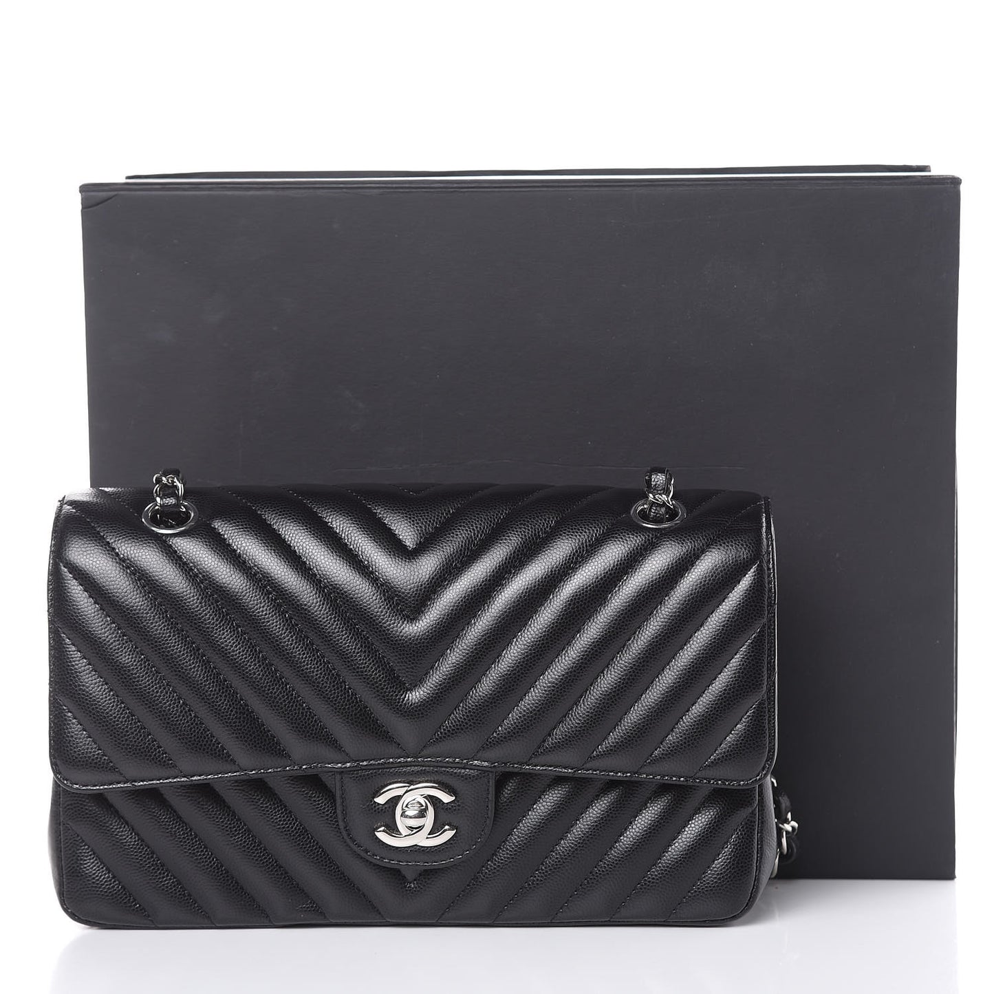 Caviar Chevron Quilted Medium Double Flap Black