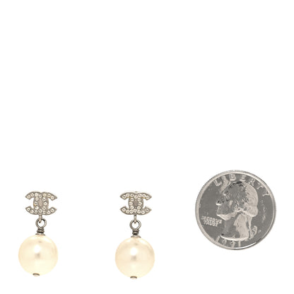 Chanel Crystal Pearl CC Drop Earrings Silver Pearly White 2 of 5