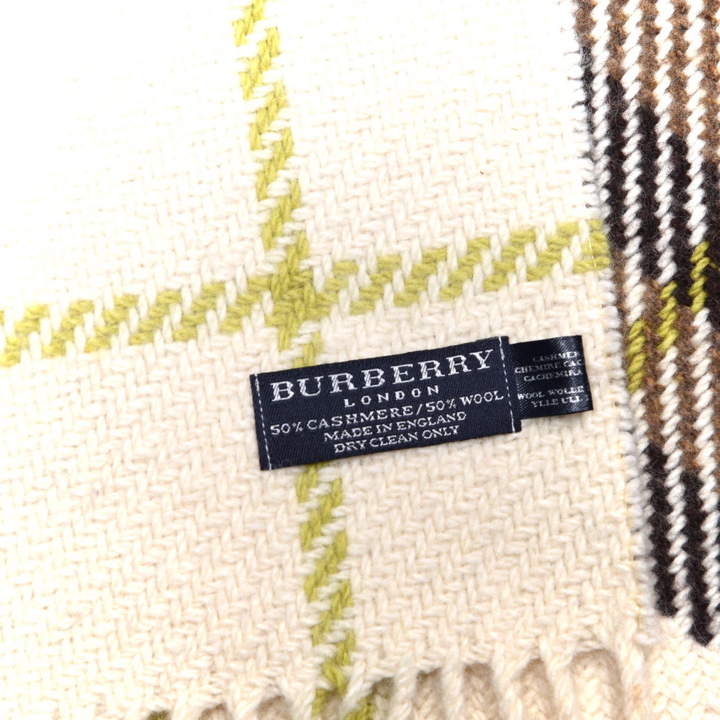 Cashmere Wool Check Fringe Scarf Beige Brown Green