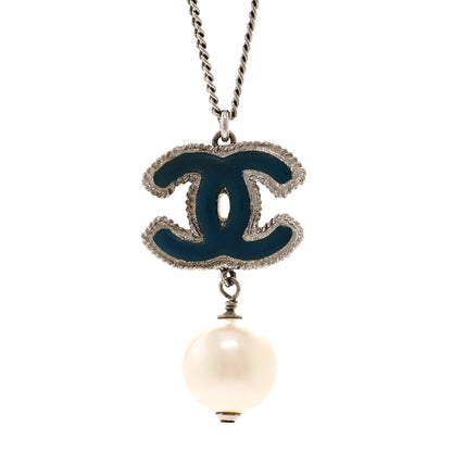 Chanel Enamel CC Pearl Drop Necklace Blue Silver 4 of 6